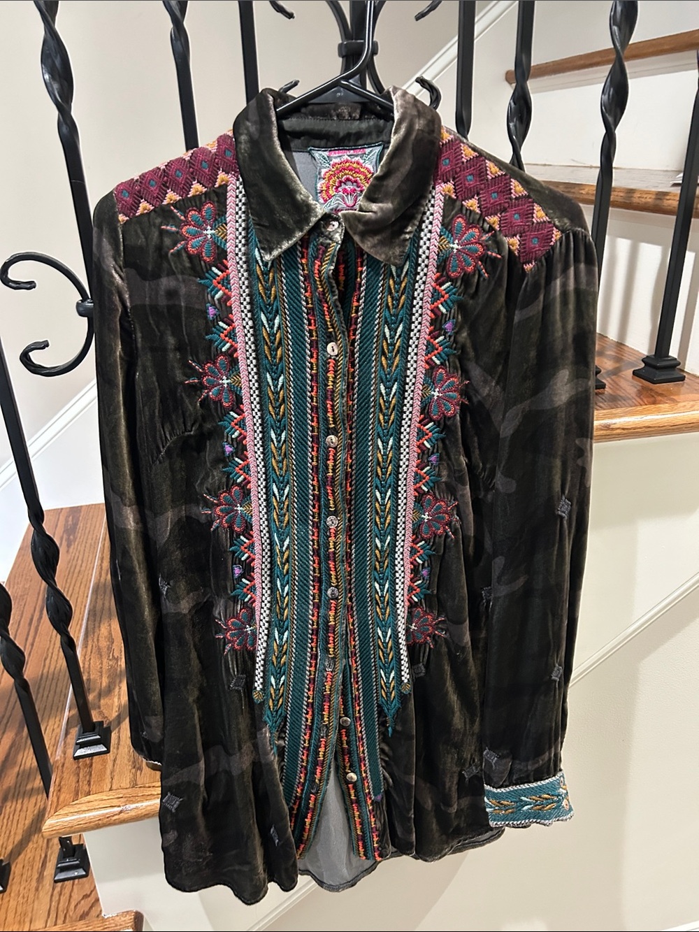 Johnny Was Velvet  Embroidered Floral Patch shirt in Pink, Gold & Teal